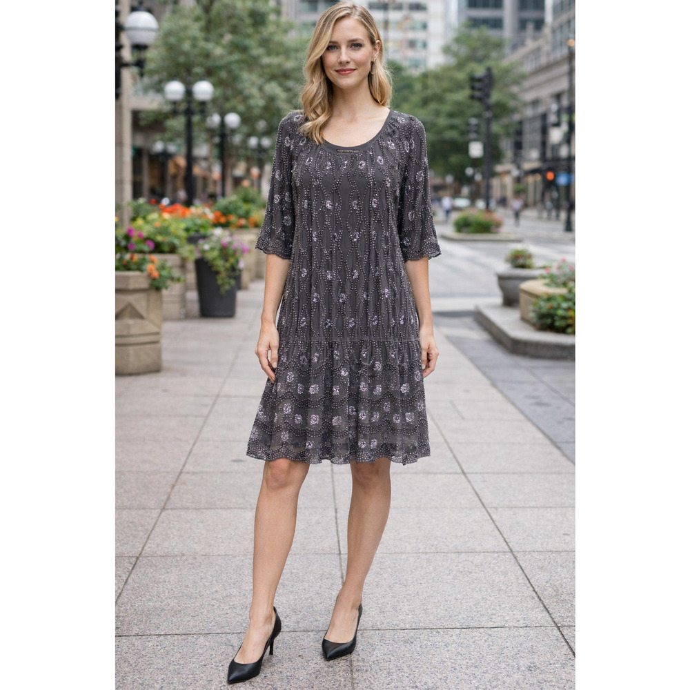 Antik Batik Women's Medium Grey Silk Beaded Embroidery Flowy Dress A24-1